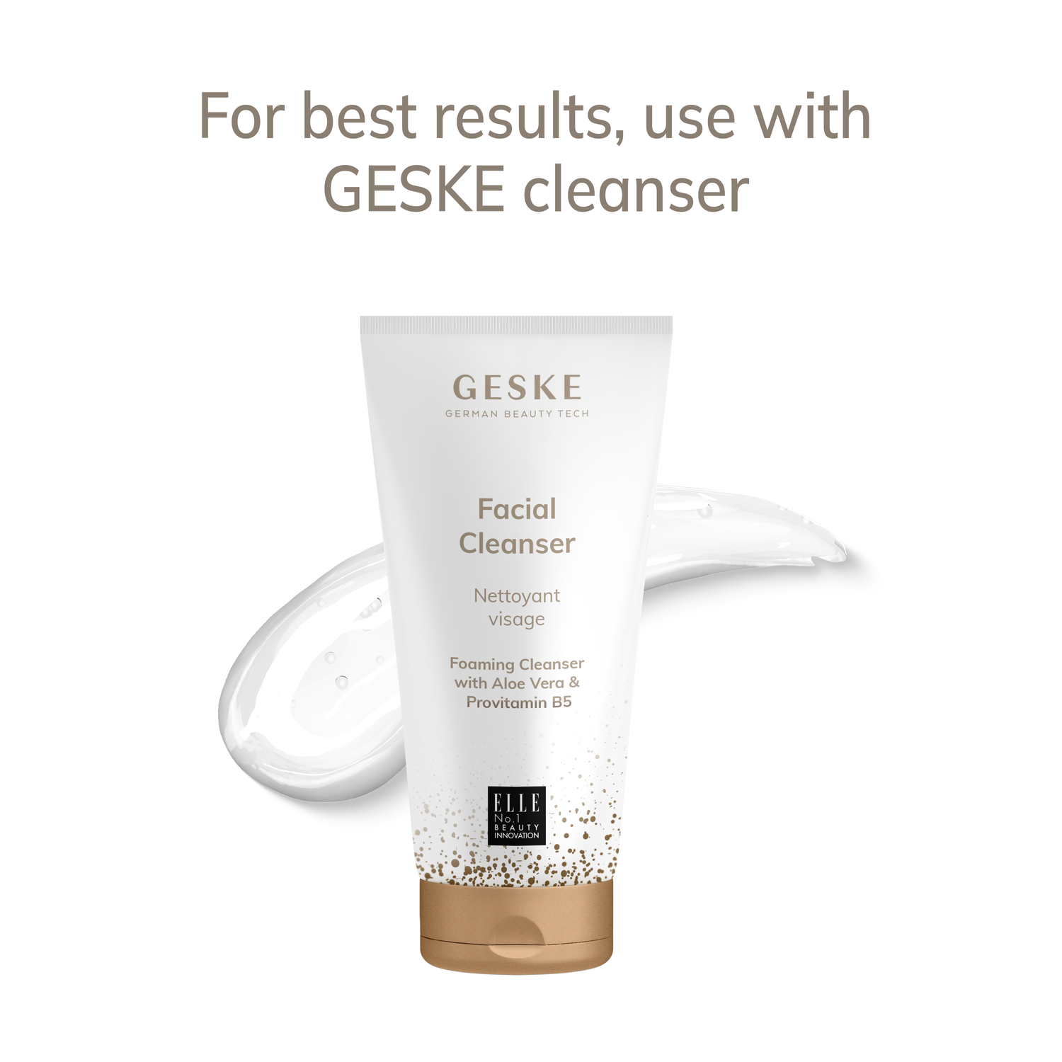 GESKE facial cleanser tube with product smear on a white background