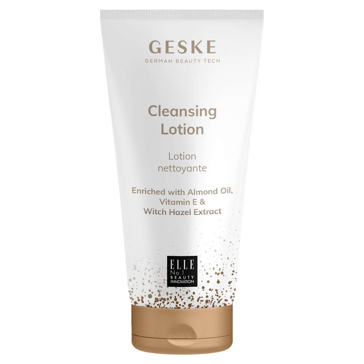 Cleansing lotion bottle with 'GESKE' branding on a white background