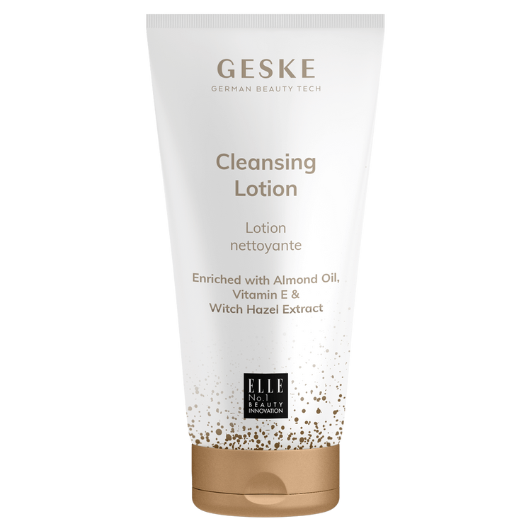 Cleansing lotion bottle with 'GESKE' branding on a white background