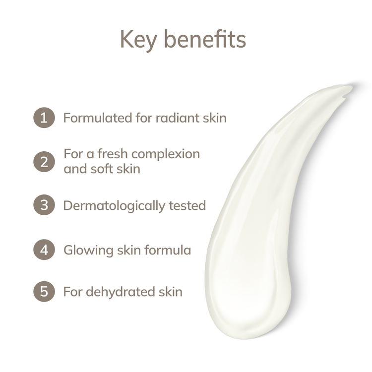 Key benefits of a skincare product with a droplet graphic on a white background