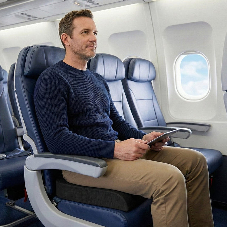 Man sitting in an airplane seat with a window view