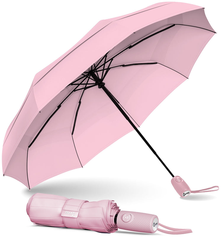 Pink umbrella with black accents on a white background