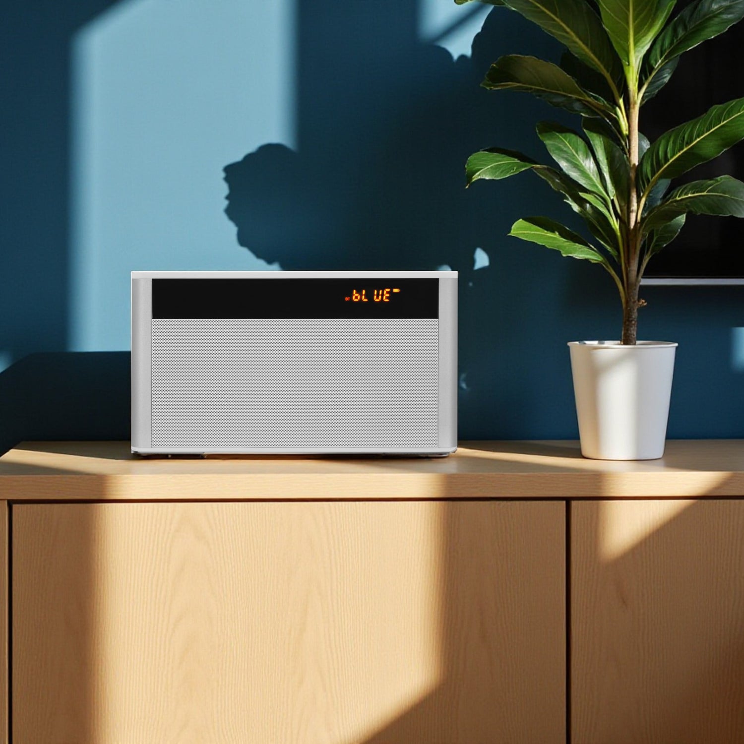 Modern radio on a wooden cabinet with a plant against a blue wall