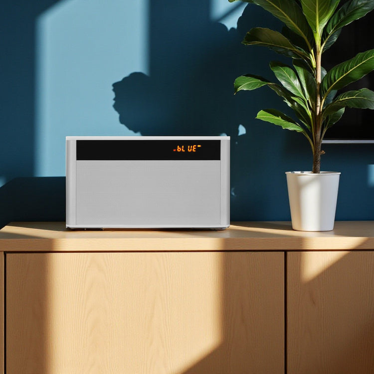 Modern radio on a wooden cabinet with a plant against a blue wall