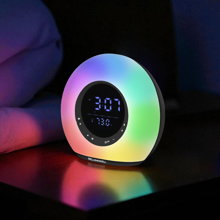 Colorful digital clock with rainbow gradient on a dark surface