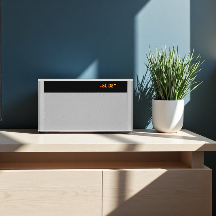 Modern radio on a wooden shelf with a plant against a dark wall