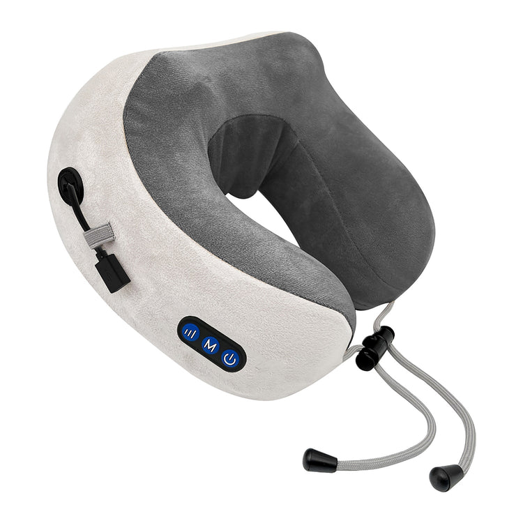 Gray and white neck massager pillow with control panel on a white background