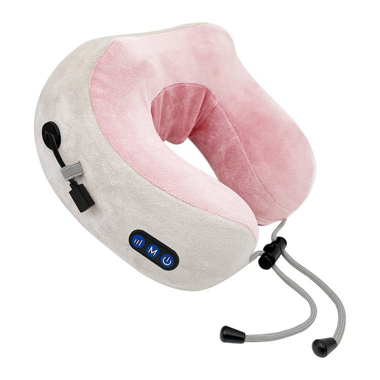 Neck pillow with pink and gray design on a white background
