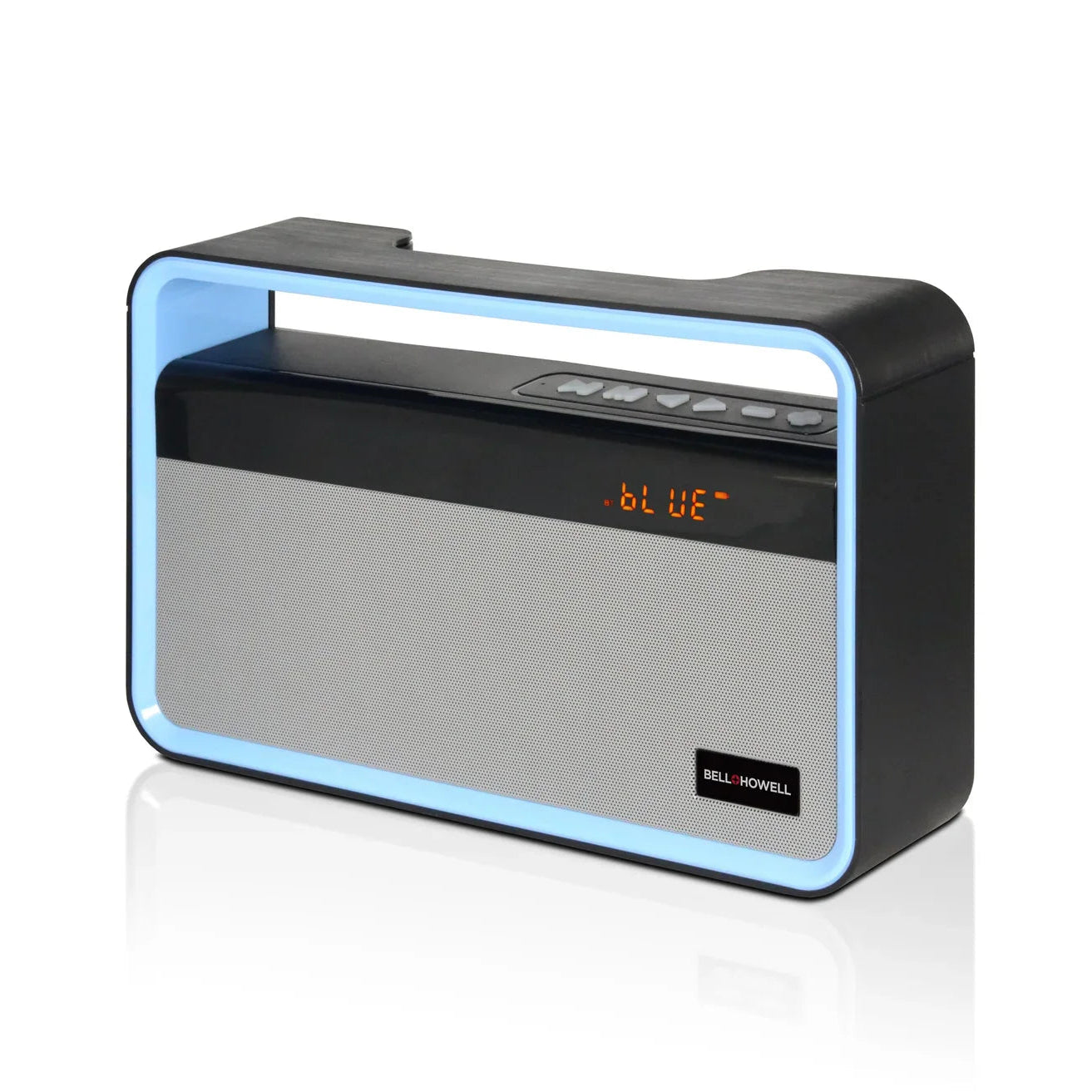 Black and gray electronic device with blue accent on a white background