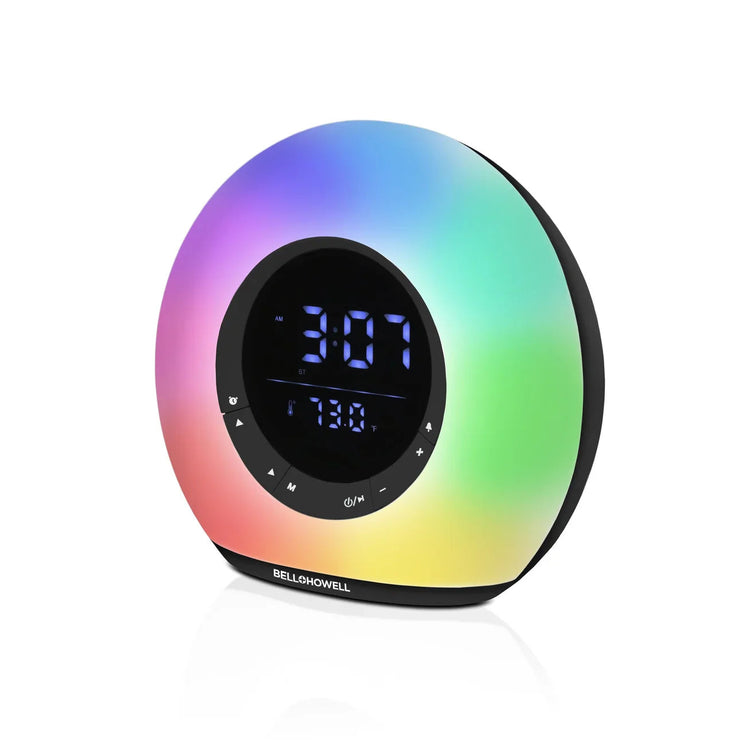 Colorful round clock with digital display on a white background
