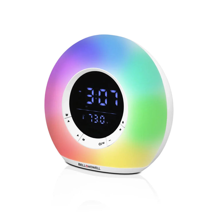 Colorful round clock with digital display on a white background