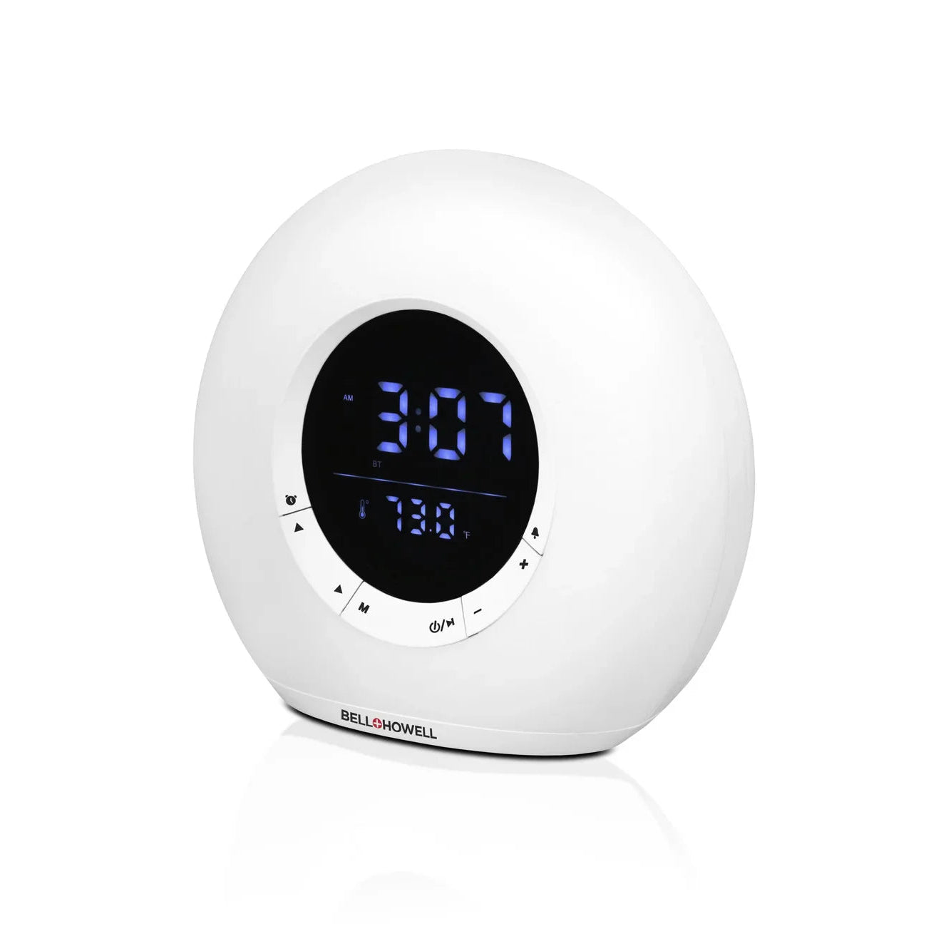 White digital clock with blue display on a white background