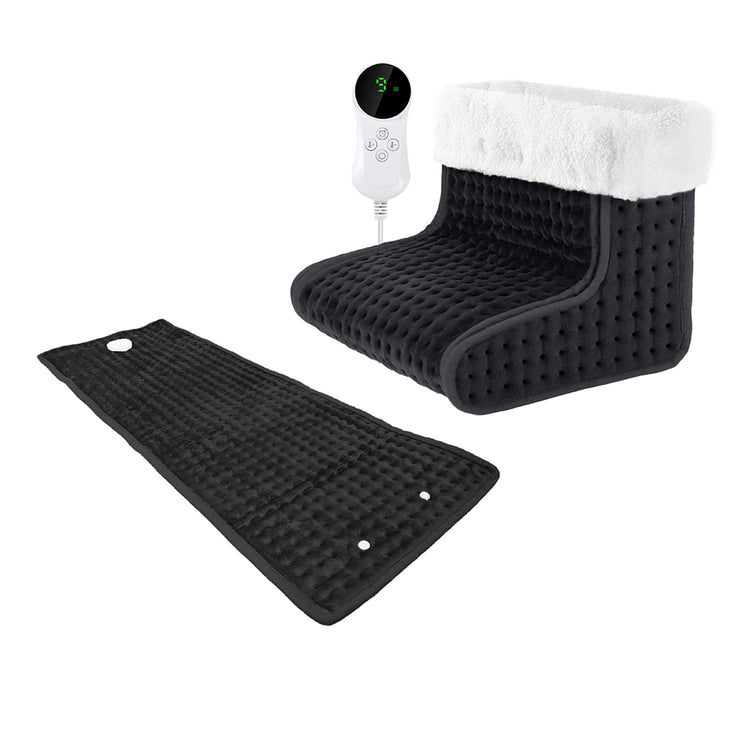Black heating pad with a digital controller on a white background