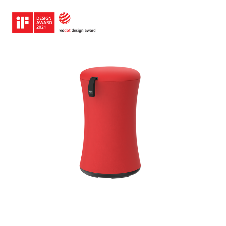 Red cylindrical product with a black handle on a white background, featuring iF Design Award and Red Dot Design Award logos.