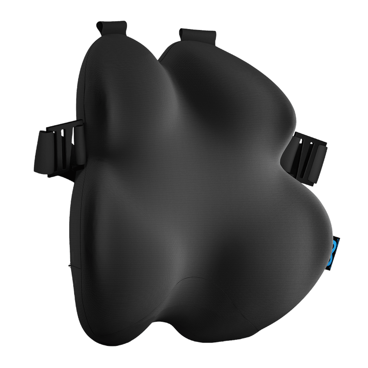 Black motorcycle seat with attached foot pegs on a white background