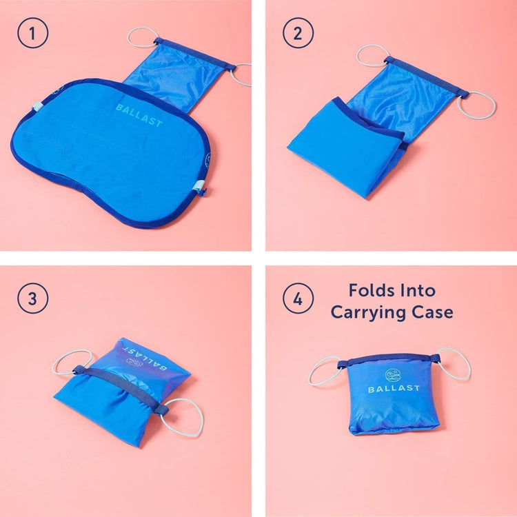 Step-by-step process of folding a blue Ballast product into a carrying case on a pink background.