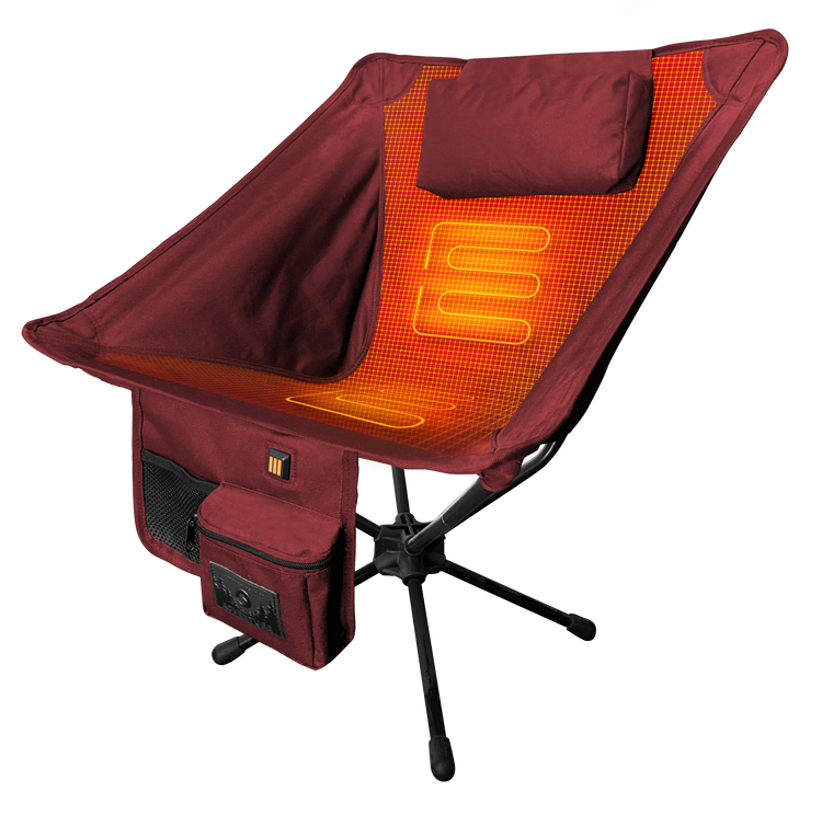 Red camping chair with orange heating element on a white background