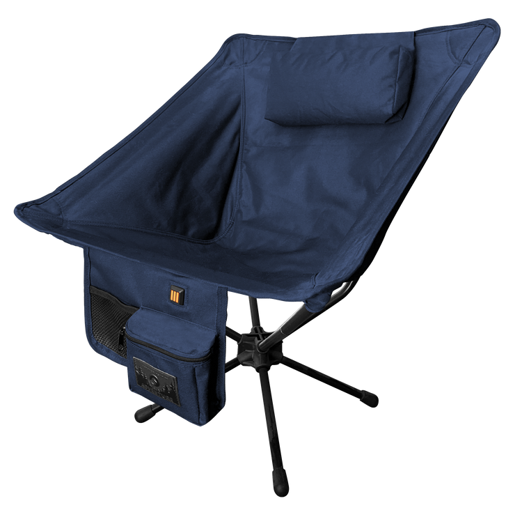Blue camping chair with a black stand on a white background