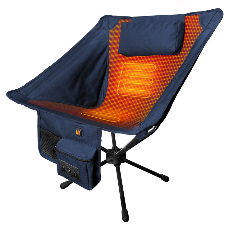 Blue camping chair with orange heating element on a white background