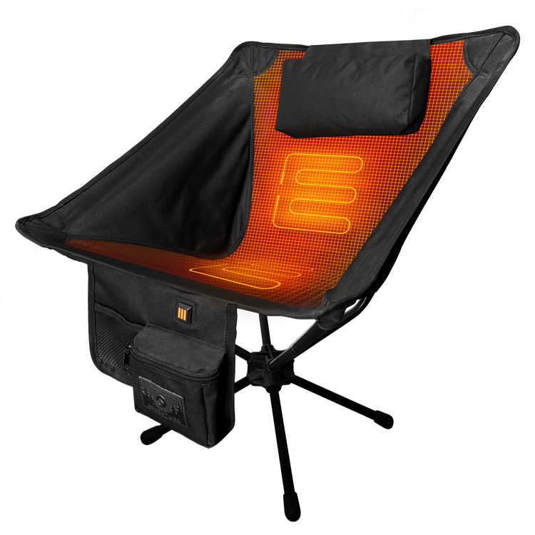 Black and orange camping chair with heating element on a white background