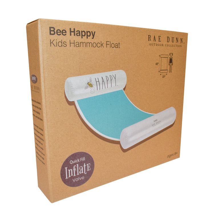 Box packaging of a 'Bee Happy' kids hammock float with illustrations and text on a white background.