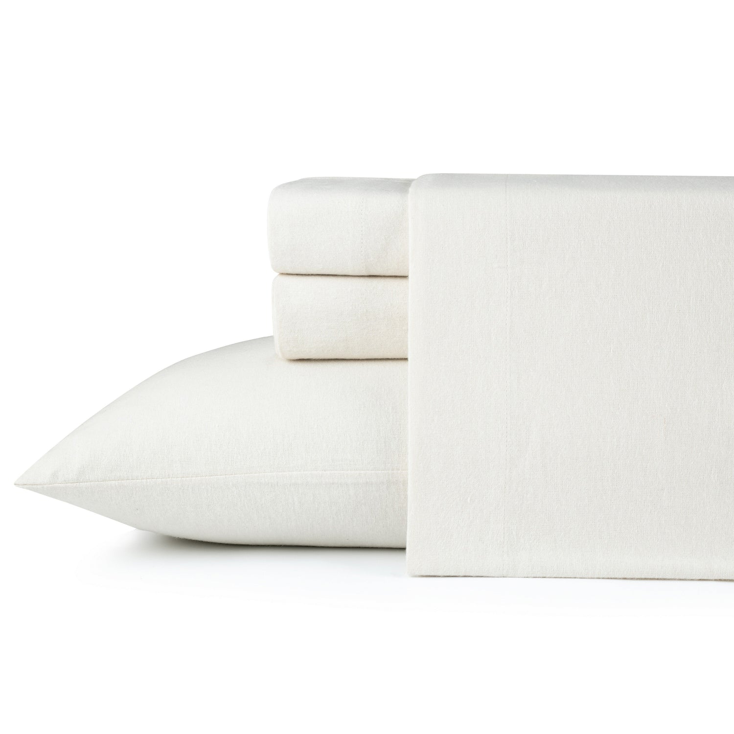 White bed sheets and pillowcase set on a white background