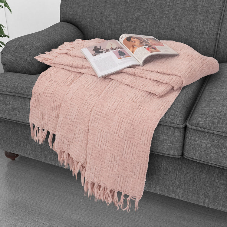Kathy Ireland Oversized Chenille Fringed Basket Throw 50” X 70” - Blush