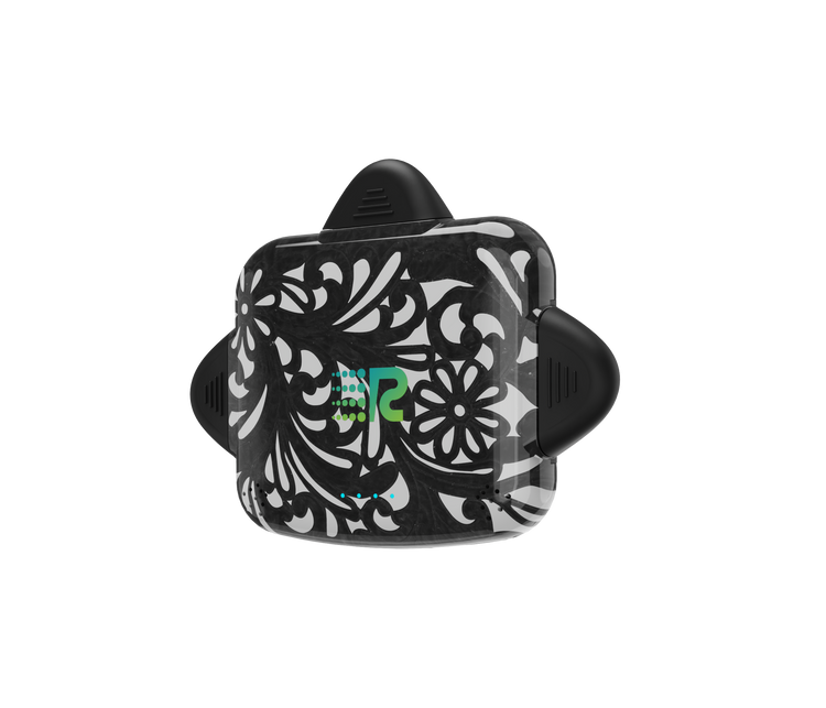 Black and white floral-patterned product with a brand logo on a white background
