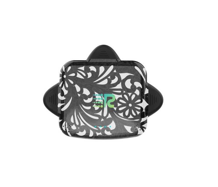 Black and white patterned product with a brand logo on a white background