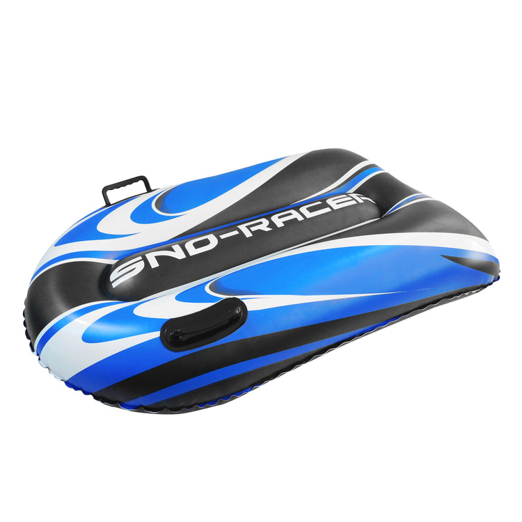 Blue and black inflatable tube with 'Sno-Racer' branding on a white background