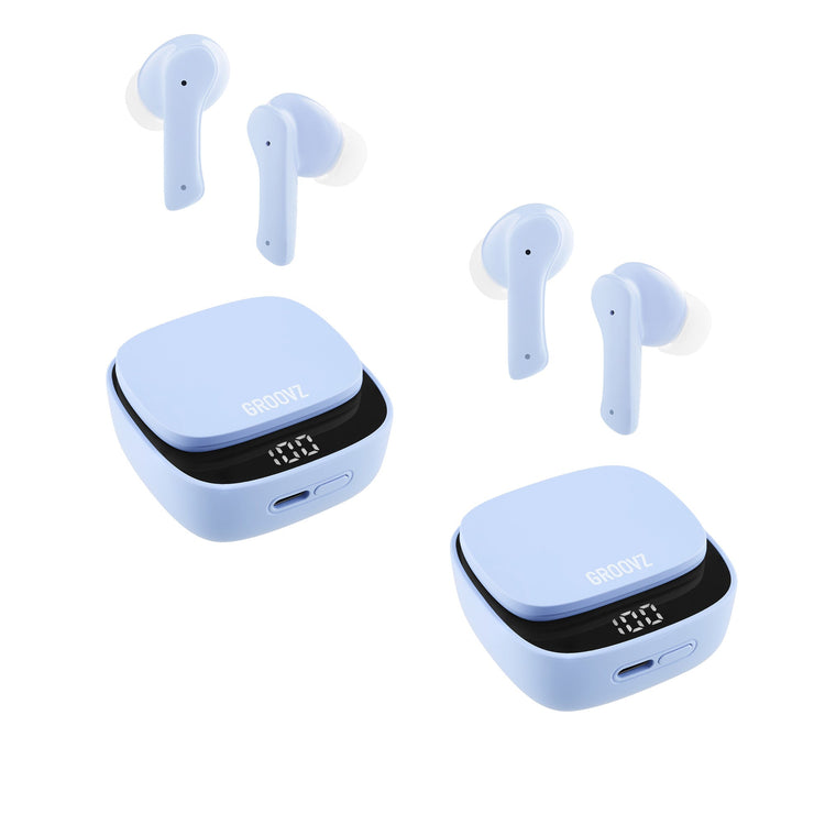 Blue wireless earbuds with charging cases on a white background