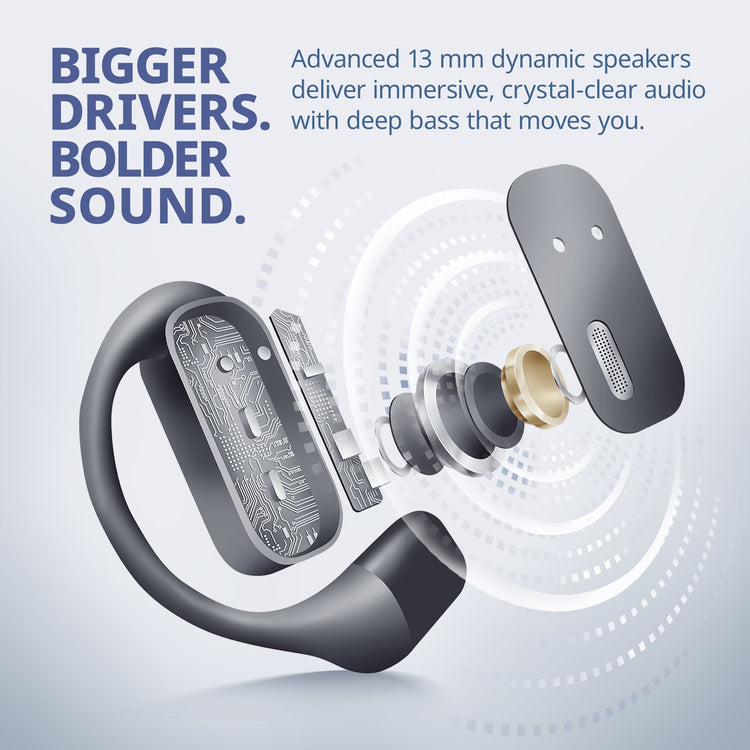 Bluetooth headset with detailed view of inner components on a light blue background