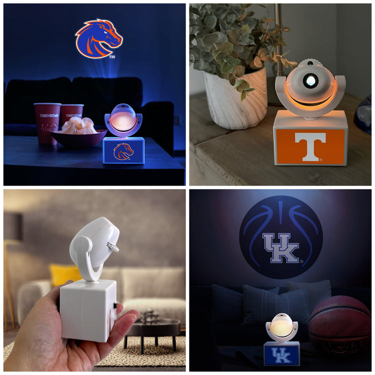 Collage of four night light products with logos and designs.