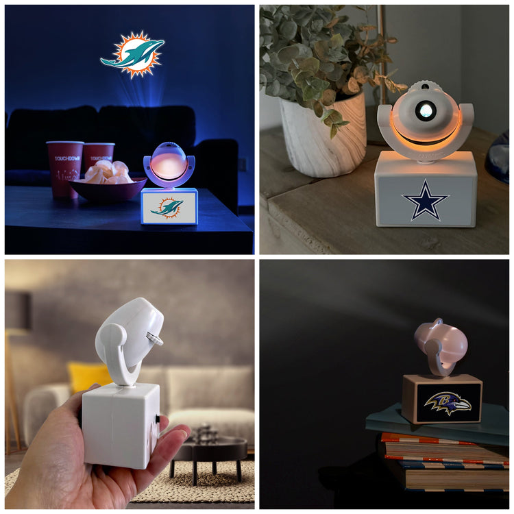 Collage of night lights with sports team logos in various settings.