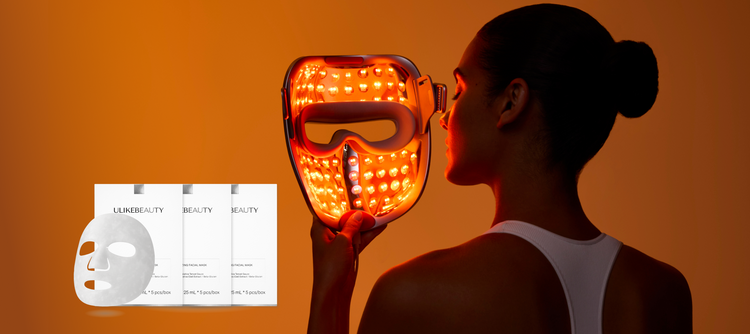 Woman using a LED face mask with an orange background