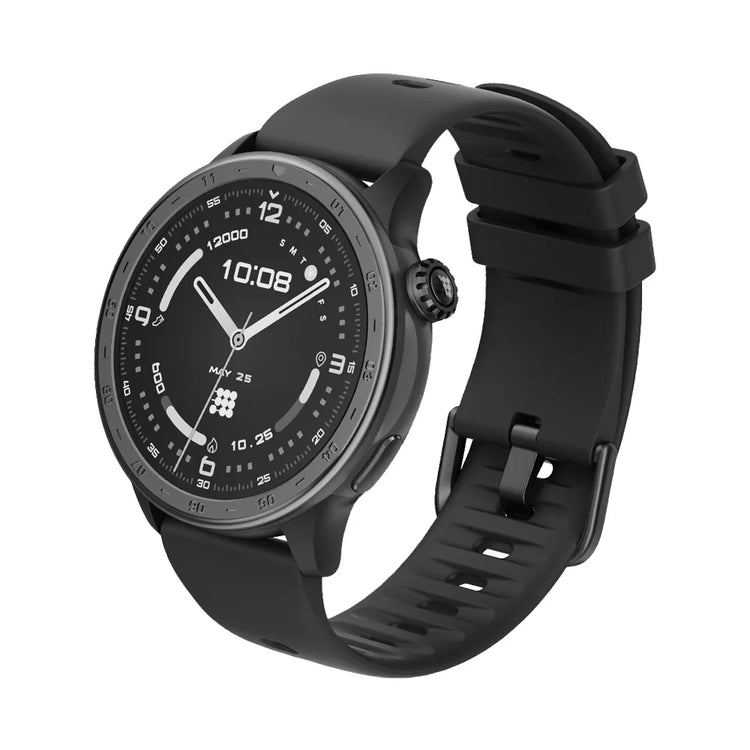 Black smartwatch with a detailed face on a white background