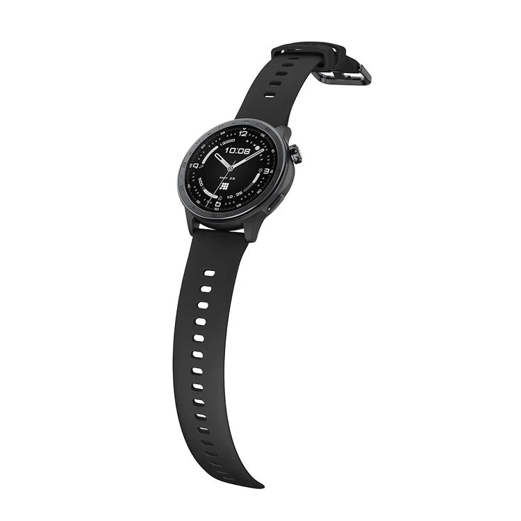 Black smartwatch with a black strap on a white background