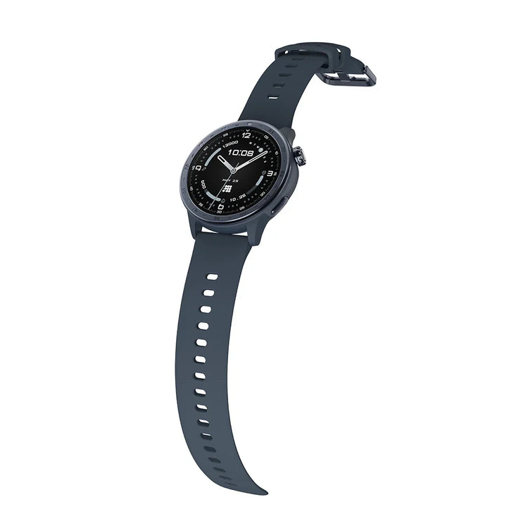 Black smartwatch with a dark gray strap on a white background