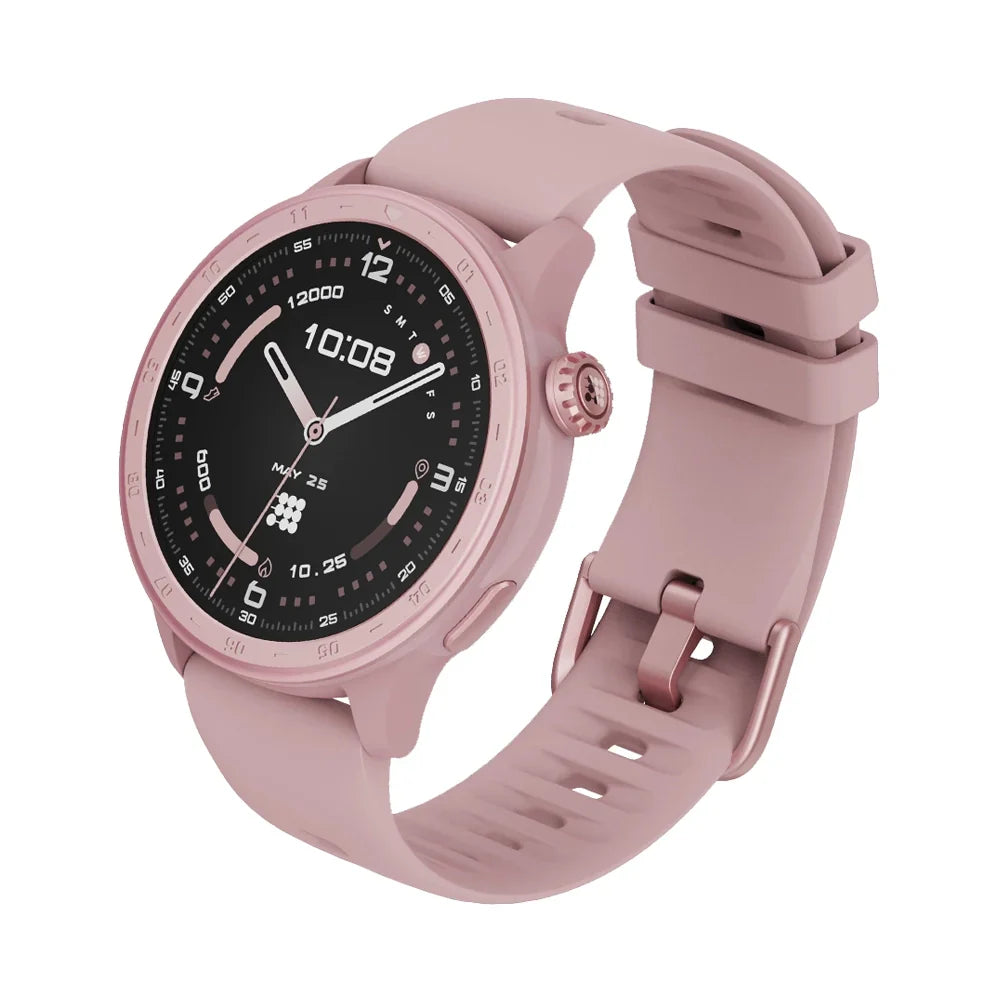Pink smartwatch with a black dial on a white background