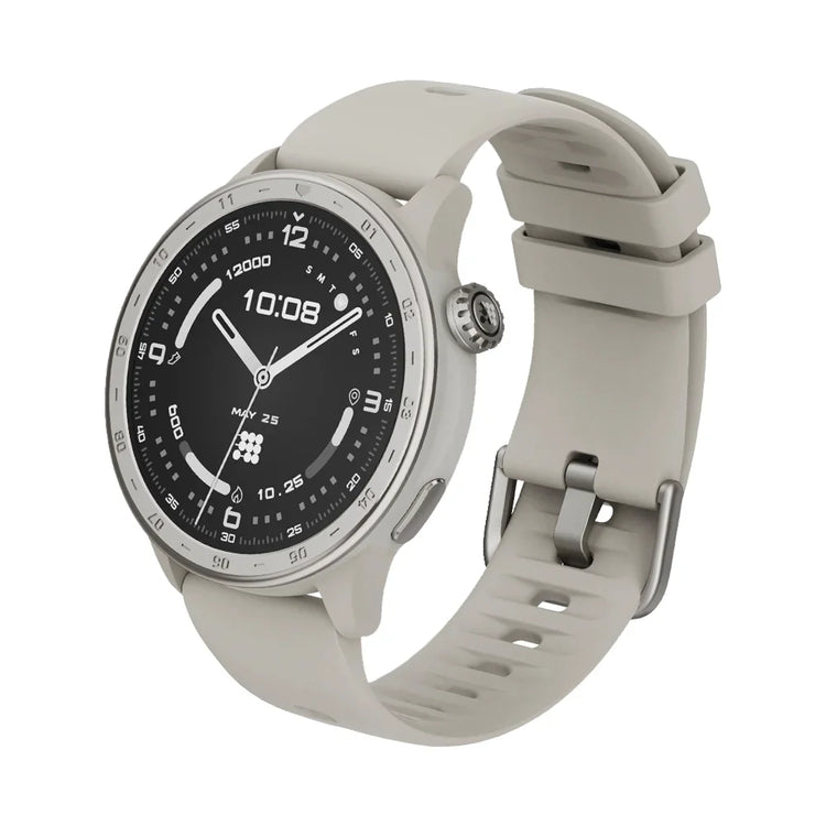 Smartwatch with a beige strap on a white background