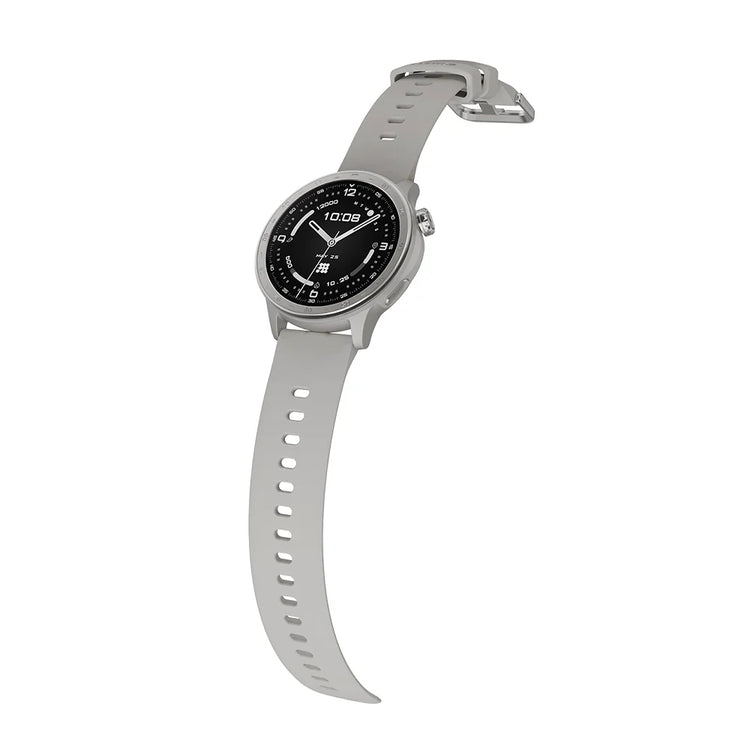 Watch with a white strap and black dial on a white background