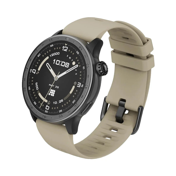 Smartwatch with beige strap on a white background