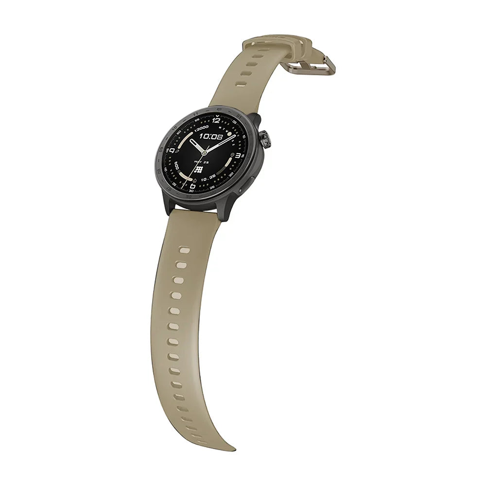 Smartwatch with a beige strap on a white background