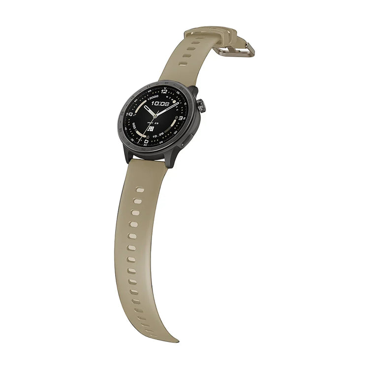Smartwatch with a beige strap on a white background