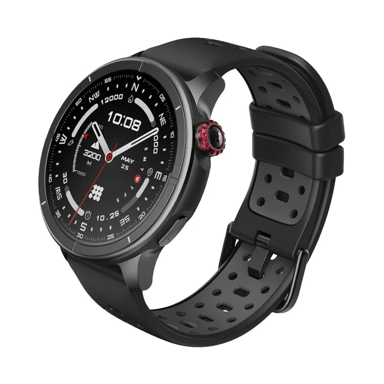 Black smartwatch with a detailed face on a white background