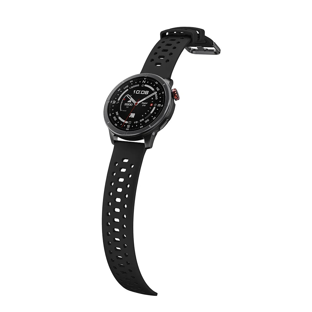 Black smartwatch with perforated band on a white background