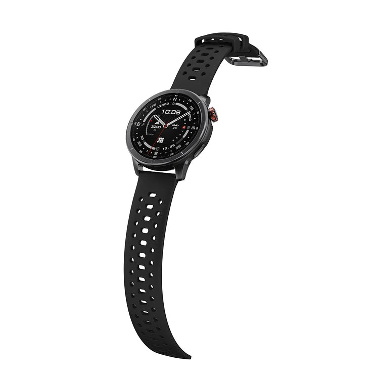 Black smartwatch with perforated band on a white background