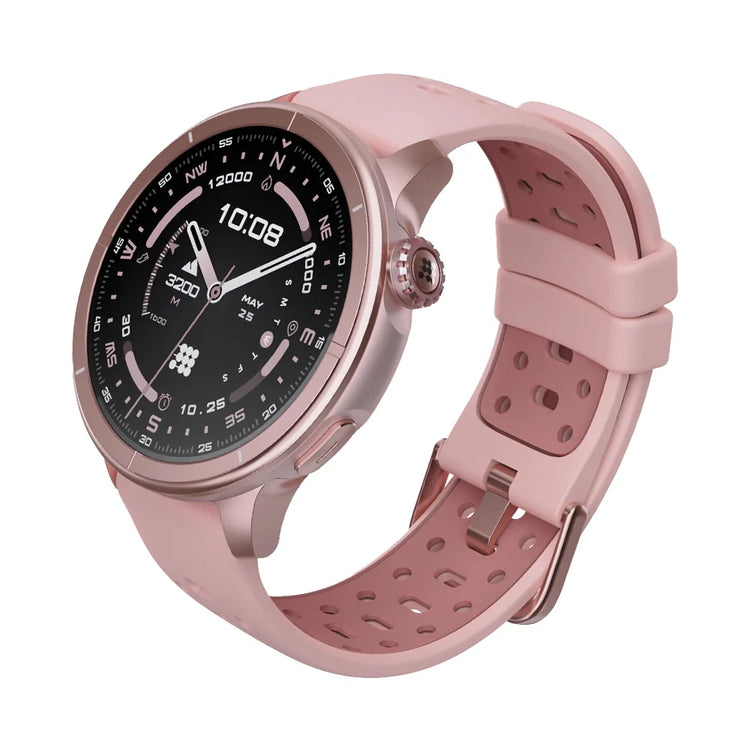 Pink smartwatch with a detailed display on a white background