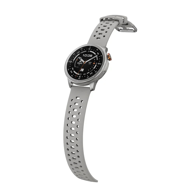 Smartwatch with a gray perforated strap on a white background