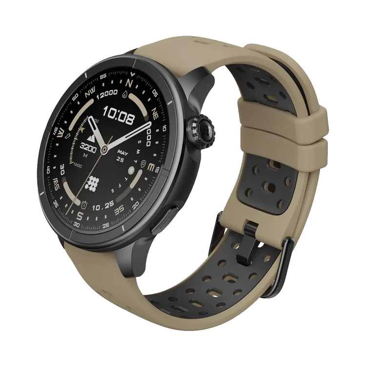 Smartwatch with a beige strap on a white background